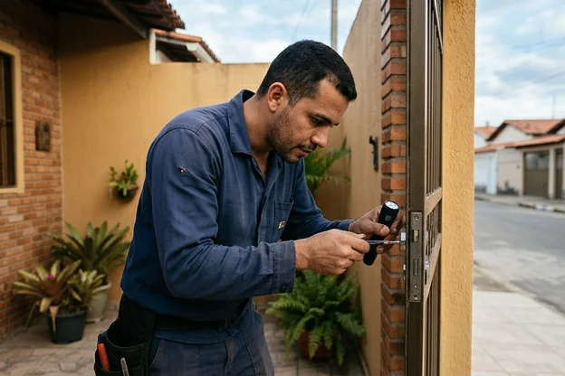 Chaveiro avaliando a segurança de portas em uma residência em Sobral.
