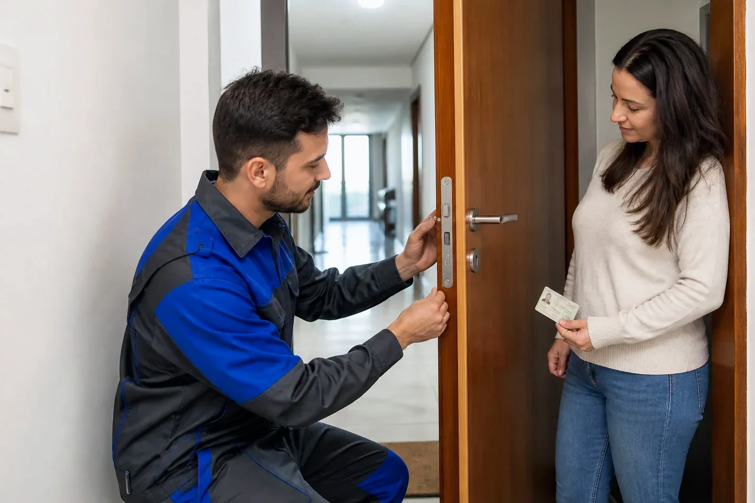 Chaveiro profissional utilizando ferramentas para abrir uma porta em Sobral.