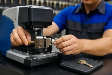 Chaveiro utilizando uma máquina para copiar chaves em Sobral.